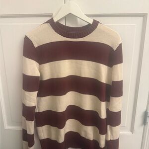 Brandy Melville Maroon and Cream Striped Crewneck Sweater